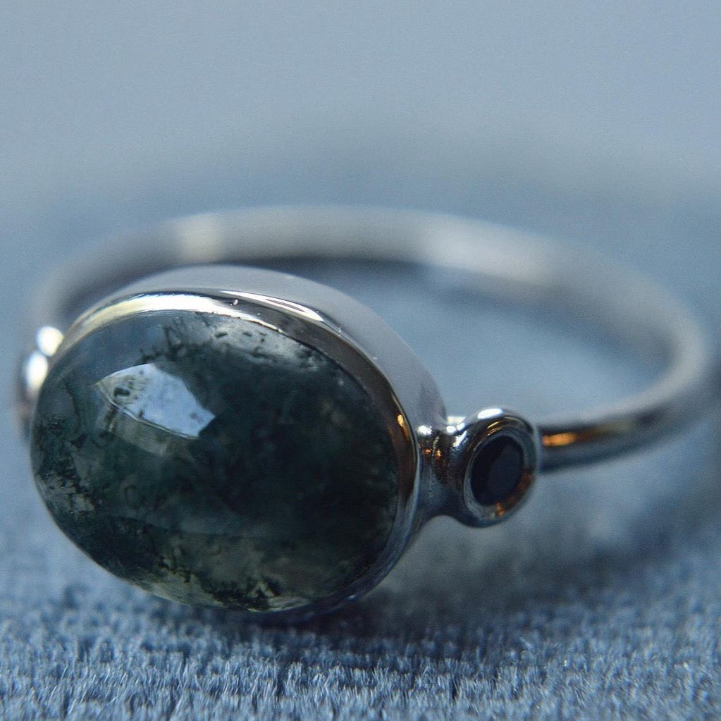 925 Sterling Silver and Moss Agate Statement Ring